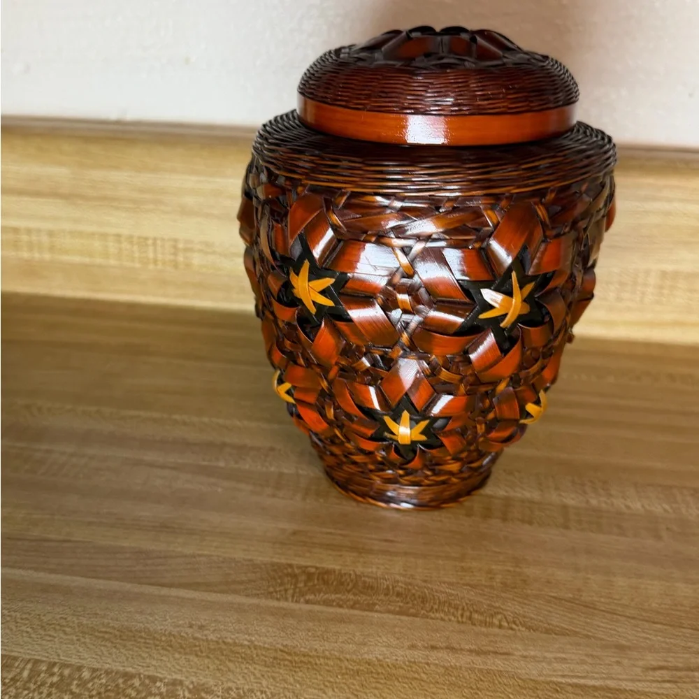 vintage handwoven rattan‎ ginger jar with ceramic vase trinket jar storage